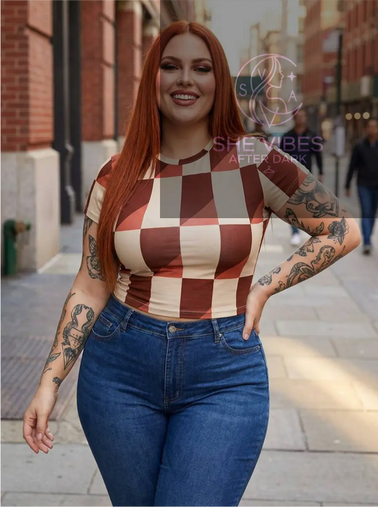 Brown & Peach Checkered Geo Tee – Single Life T-Shirt Yoycol T-Shirt SHE VIBES AFTER DARK
