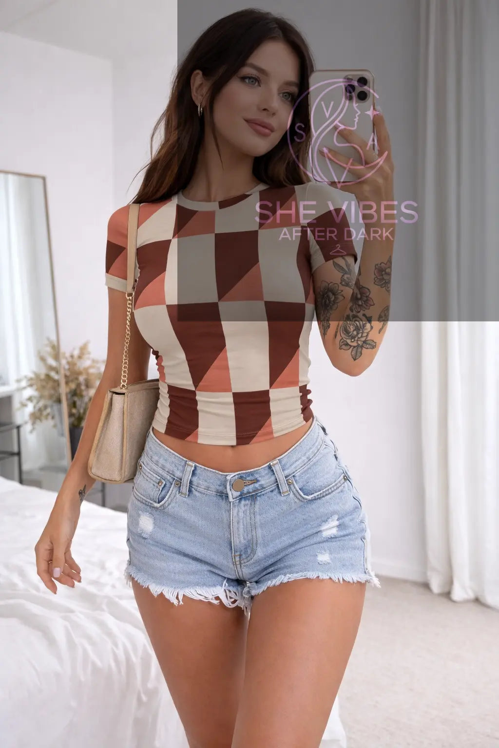 Brown & Peach Checkered Geo Tee – Single Life T-Shirt Yoycol  T-Shirt SHE VIBES AFTER DARK