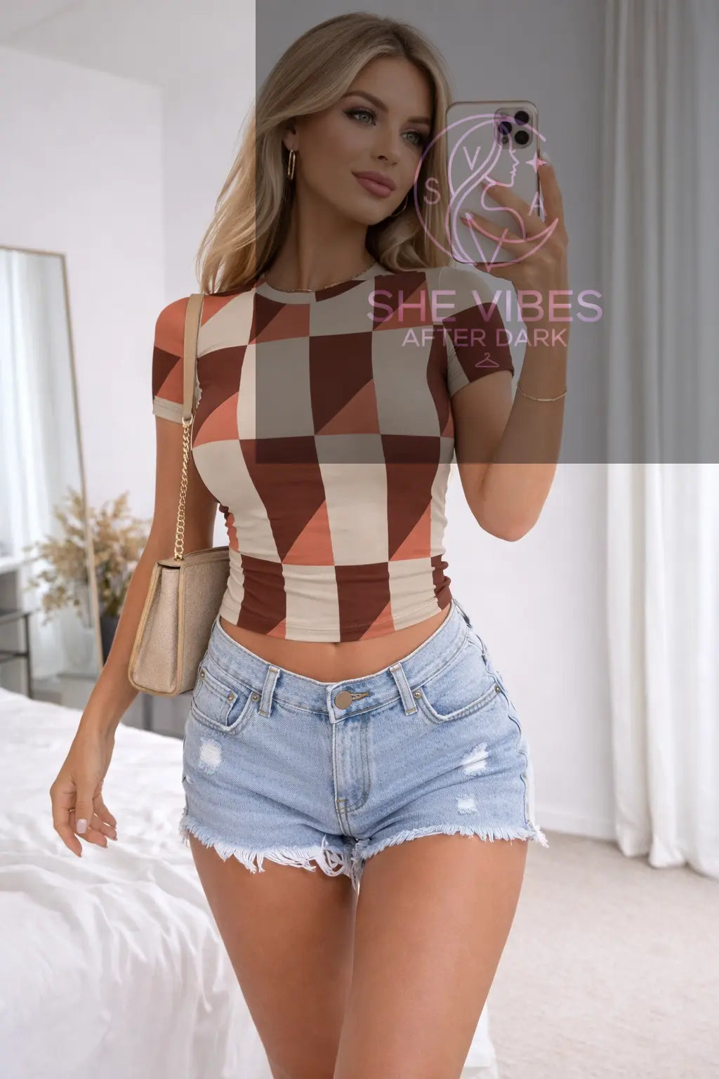 Brown & Peach Checkered Geo Tee – Single Life T-Shirt Yoycol  T-Shirt SHE VIBES AFTER DARK
