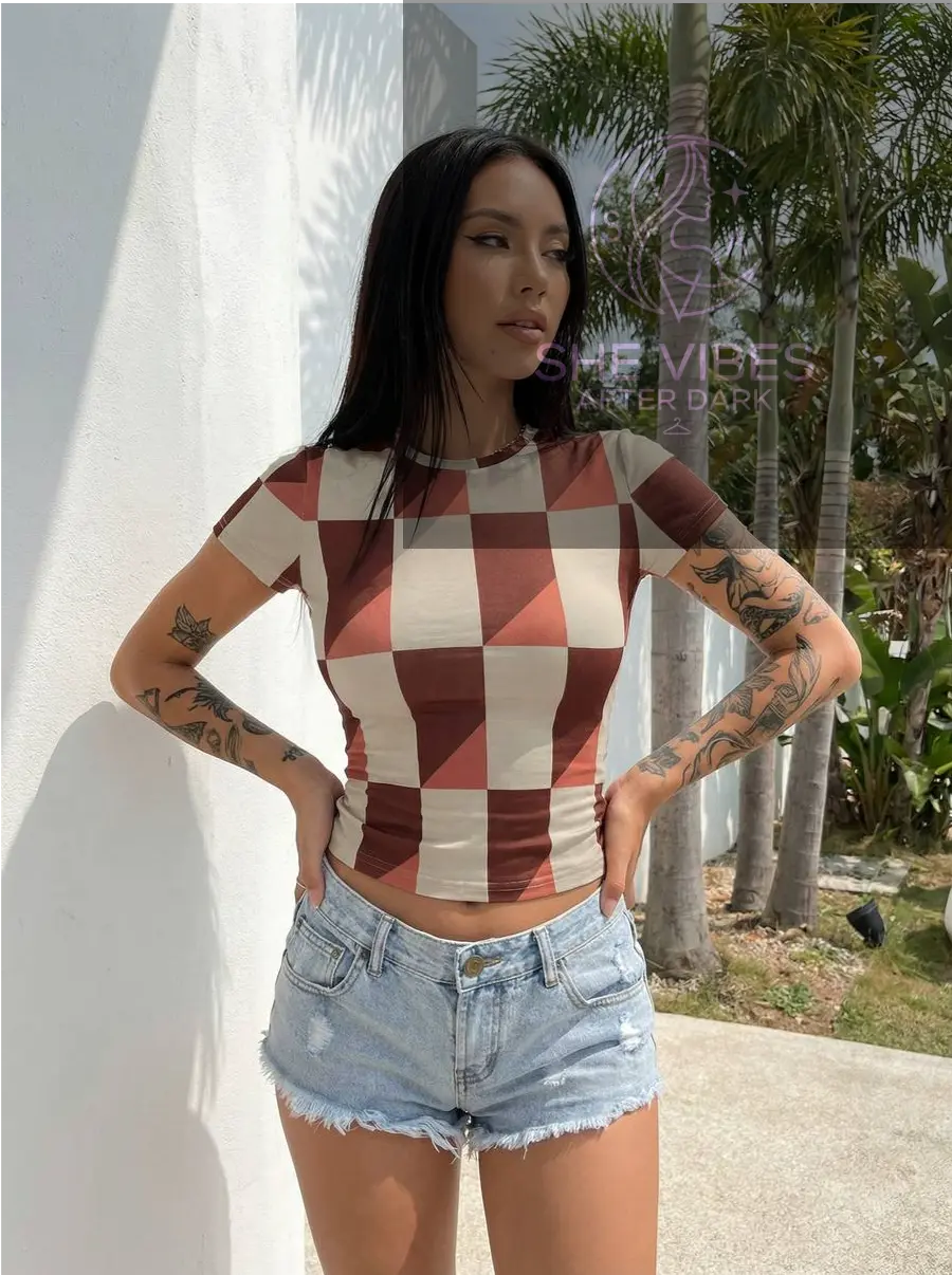 Brown & Peach Checkered Geo Tee – Single Life T-Shirt Yoycol  T-Shirt SHE VIBES AFTER DARK