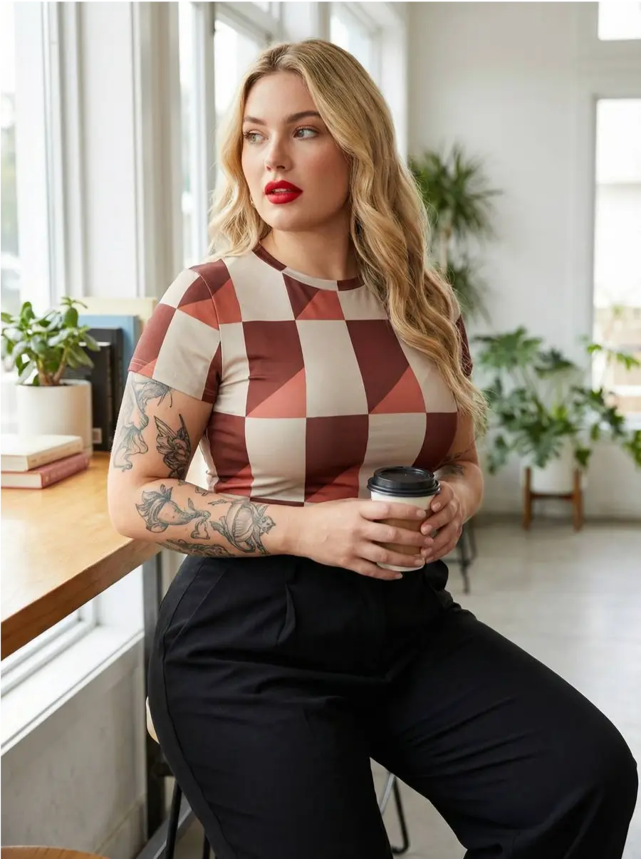 Brown & Peach Checkered Geo Tee – Single Life T-Shirt Yoycol  T-Shirt SHE VIBES AFTER DARK