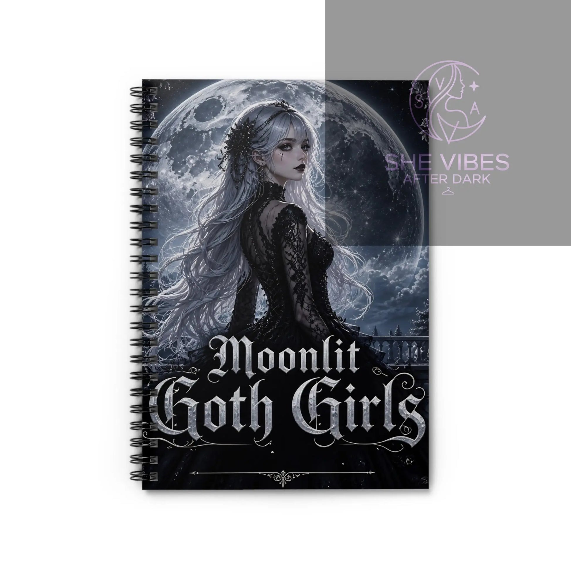 Moonlit Goth Girls Spiral Notebook | Gothic Moon Artwork, Ruled Journal Printify  Paper products SHE VIBES AFTER DARK