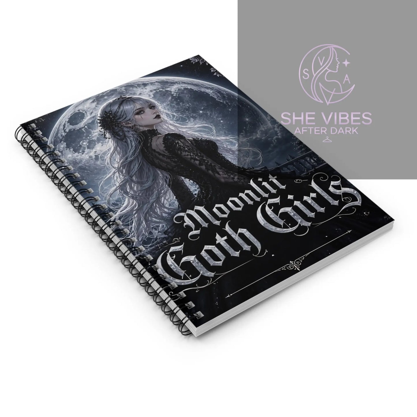 Moonlit Goth Girls Spiral Notebook | Gothic Moon Artwork, Ruled Journal Printify  Paper products SHE VIBES AFTER DARK