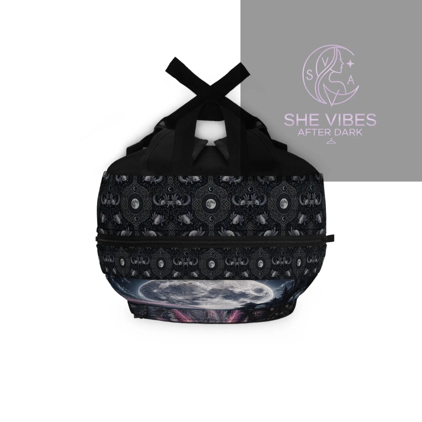 Pink Axolotl Moonlight Backpack, Fantasy Creature Night Forest Printify  Bags SHE VIBES AFTER DARK