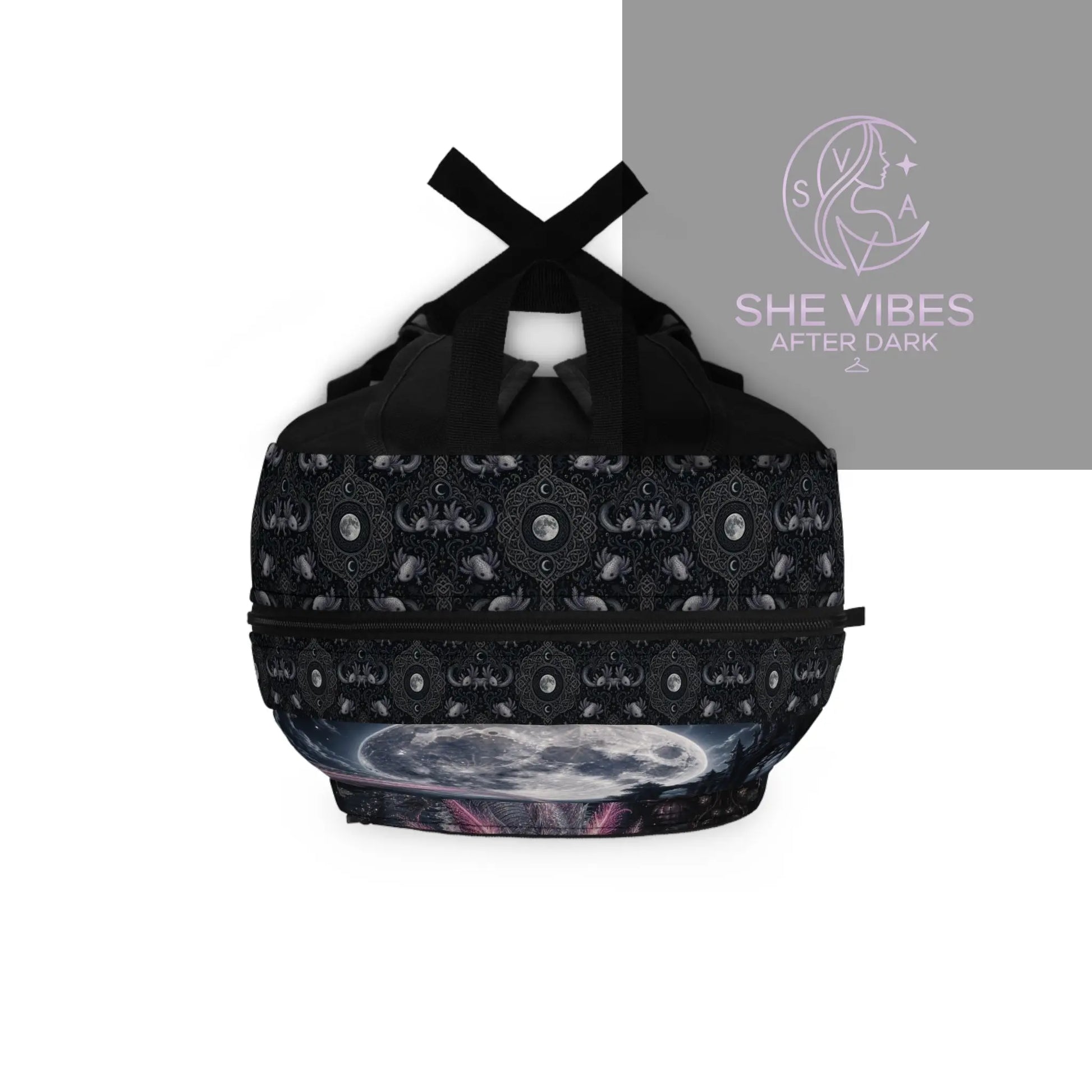 Pink Axolotl Moonlight Backpack, Fantasy Creature Night Forest Printify  Bags SHE VIBES AFTER DARK