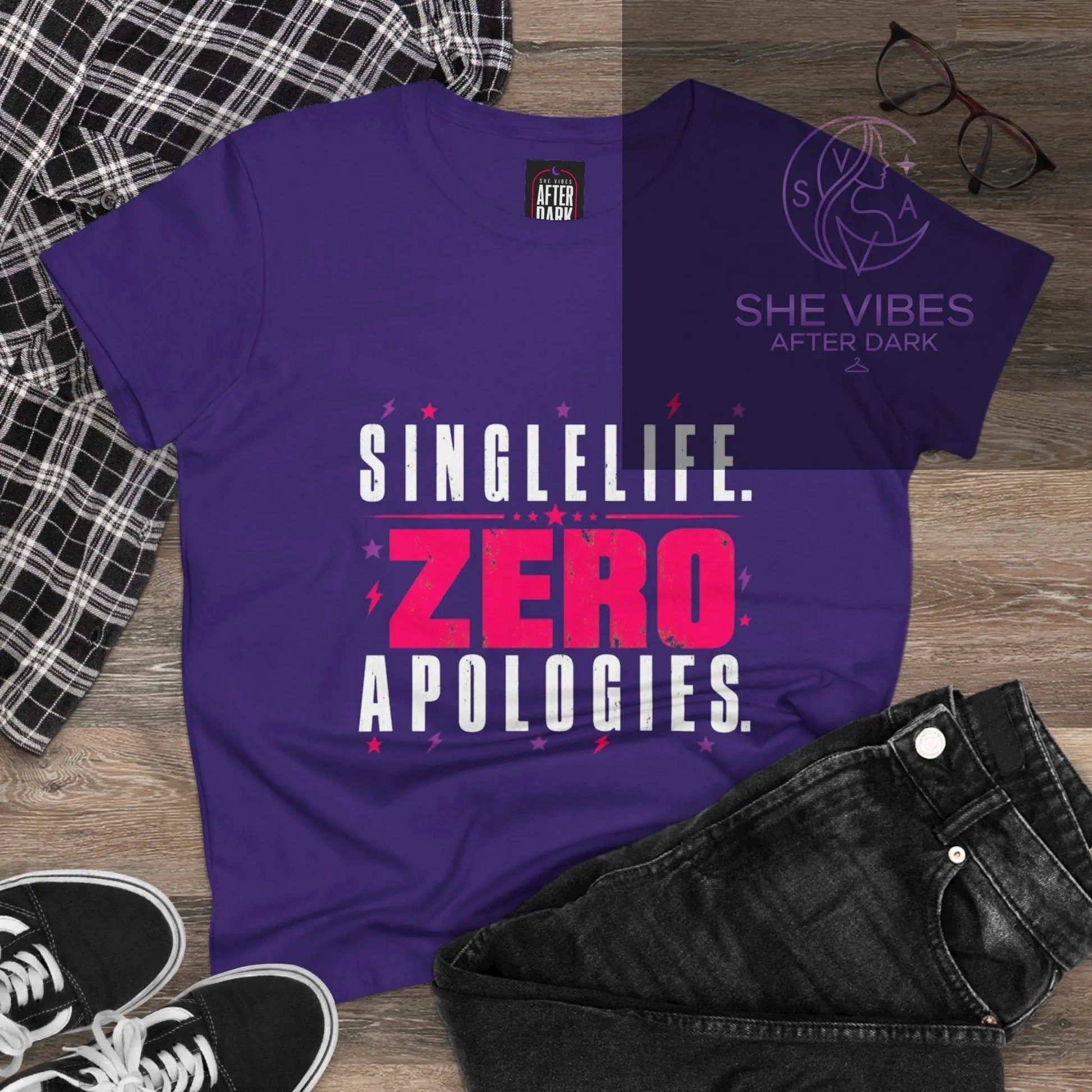 Single Life. Zero Apologies. Women's Tee Printify  T-Shirt SHE VIBES AFTER DARK