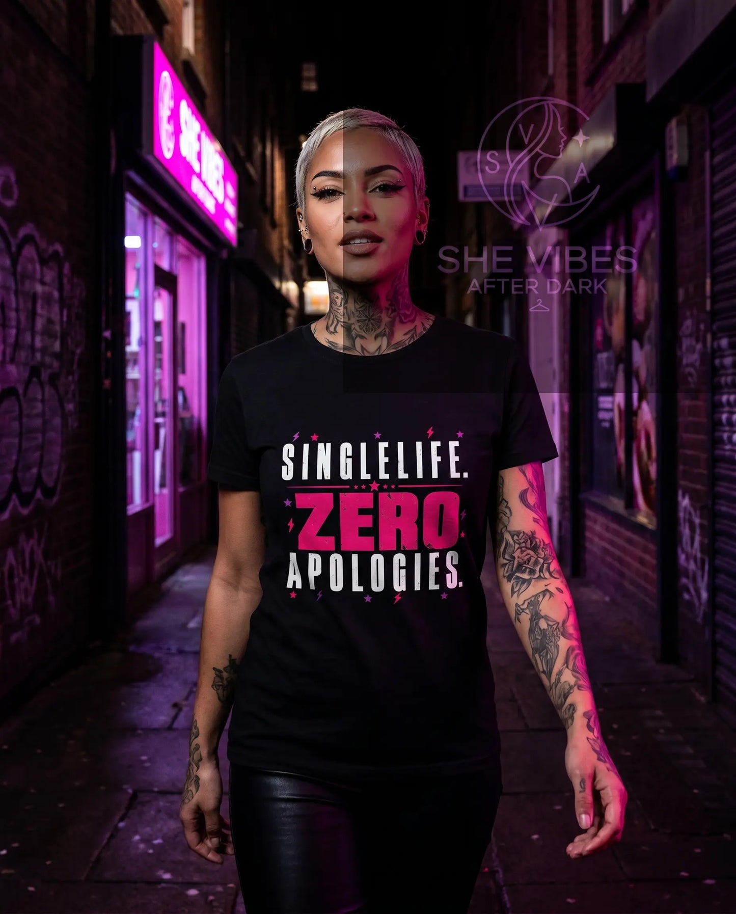 Single Life. Zero Apologies. Women's Tee Printify  T-Shirt SHE VIBES AFTER DARK