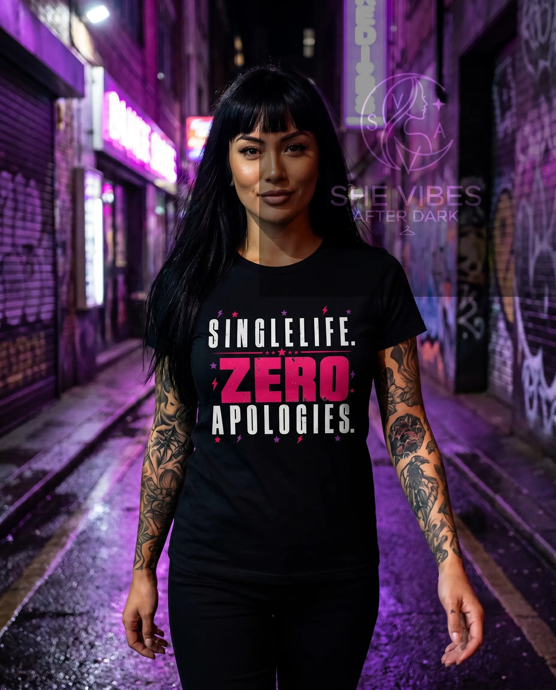 Single Life. Zero Apologies. Women's Tee Printify  T-Shirt SHE VIBES AFTER DARK