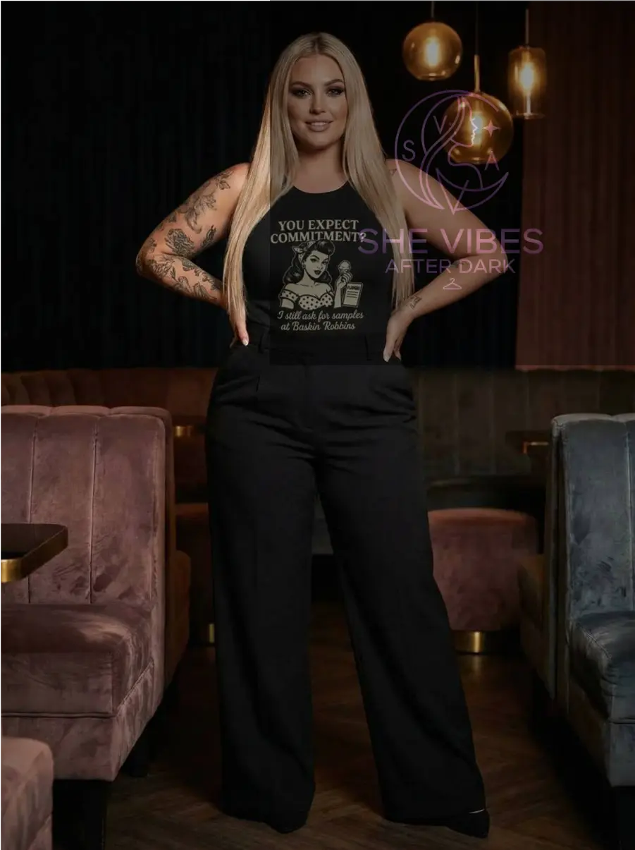 “You Expect Commitment?” Racerback Tank – Retro Ice Cream Quote Top for Single Girls Yoycol  Tank Top SHE VIBES AFTER DARK