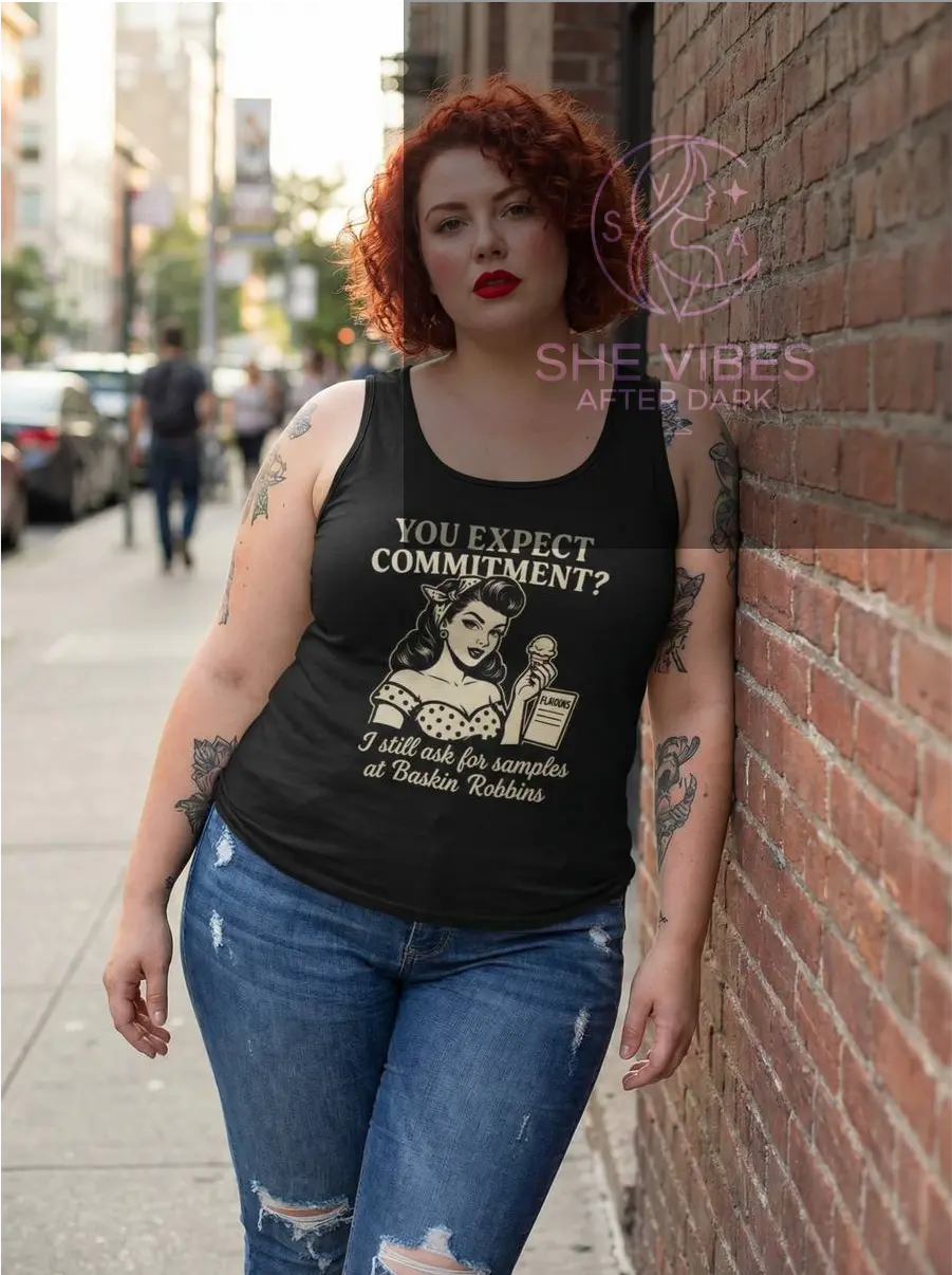 “You Expect Commitment?” Racerback Tank – Retro Ice Cream Quote Top for Single Girls Yoycol  Tank Top SHE VIBES AFTER DARK